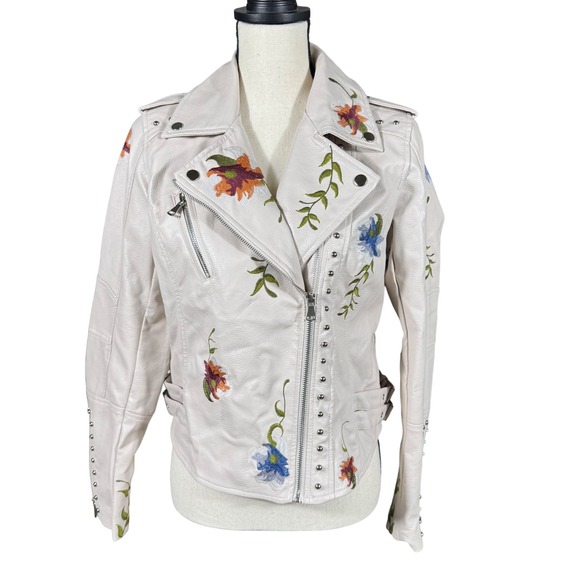 Jackets & Blazers - Floral Embroidered Faux Leather Moto Jacket Cream Studded Biker Coat Womens M